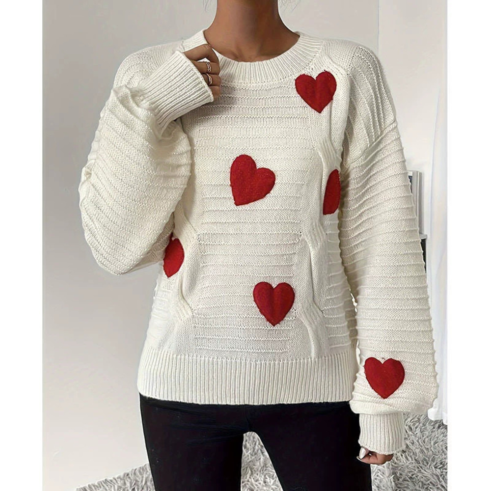 Womens Autumn Winter Sweater Loose Knit Heart Embroidery Crew Neck Pullover Top